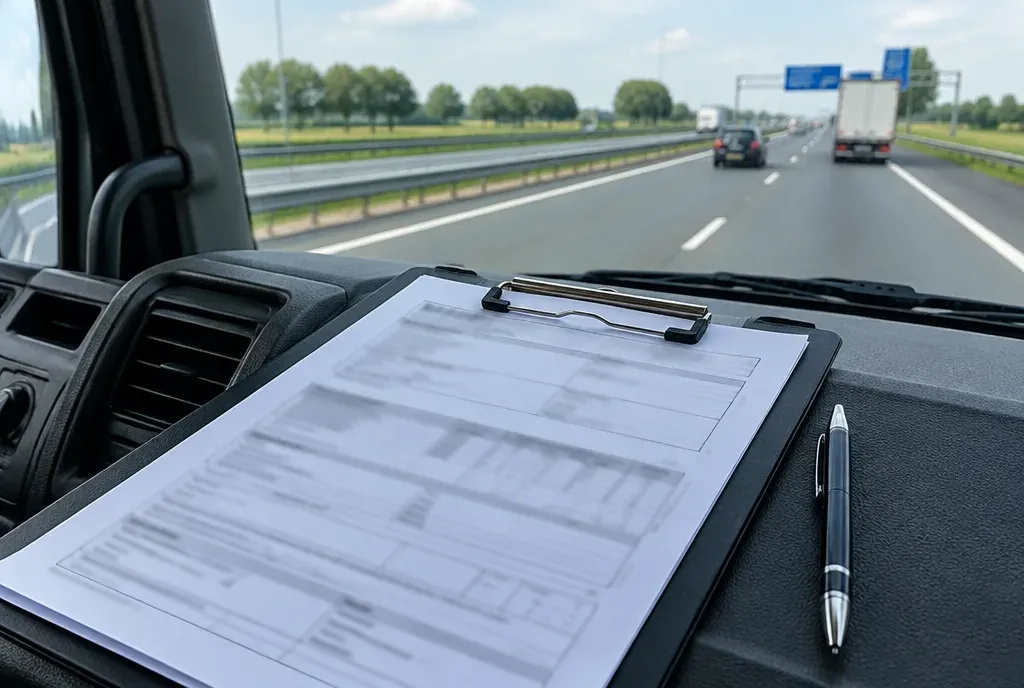 Een vrachtbrief op een klembord ligt in de cabine van een vrachtwagen.