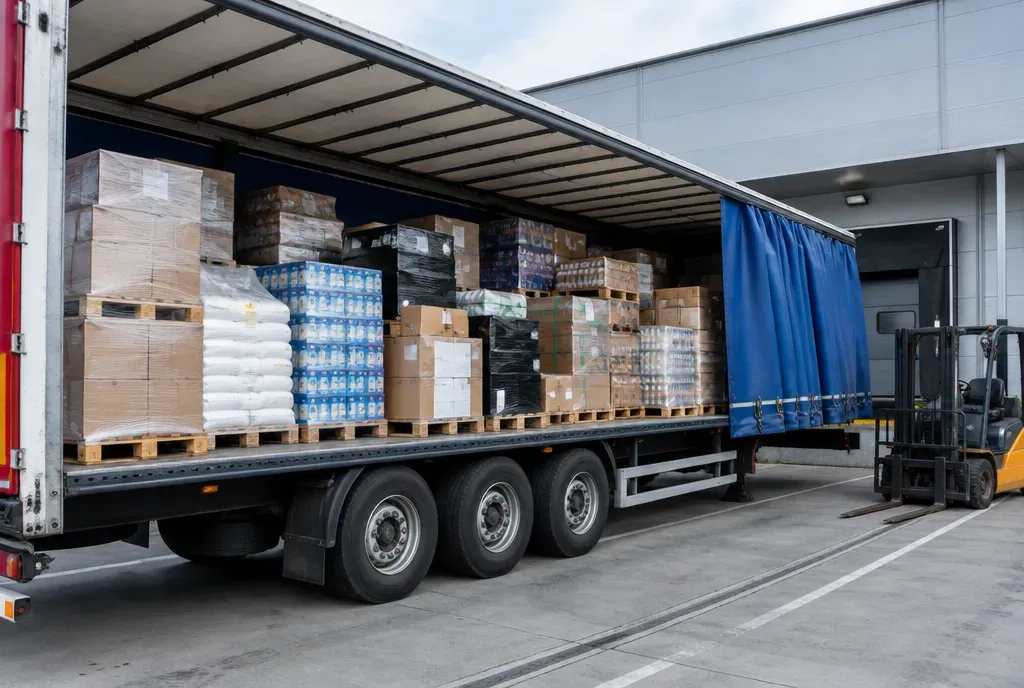 Een vrachtwagen is geladen met pallets van verschillende klanten.
