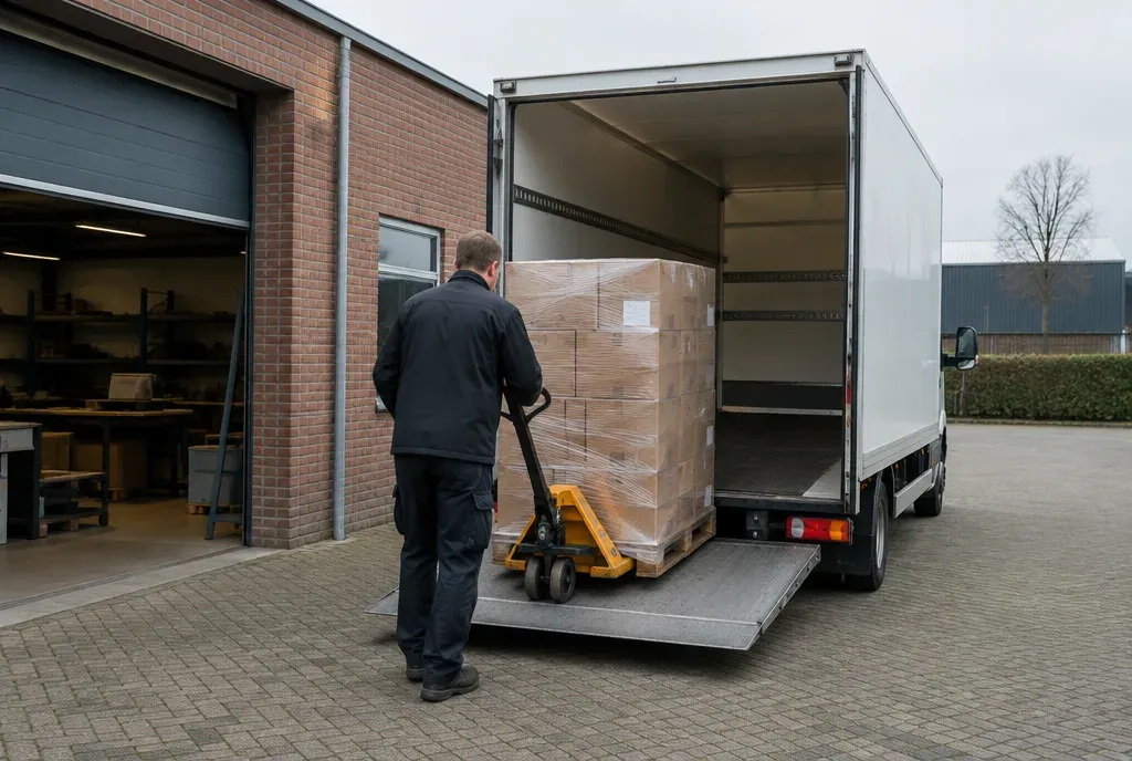Een ingepakte pallet met dozen wordt met een palletwagen in een vrachtwagen geladen.
