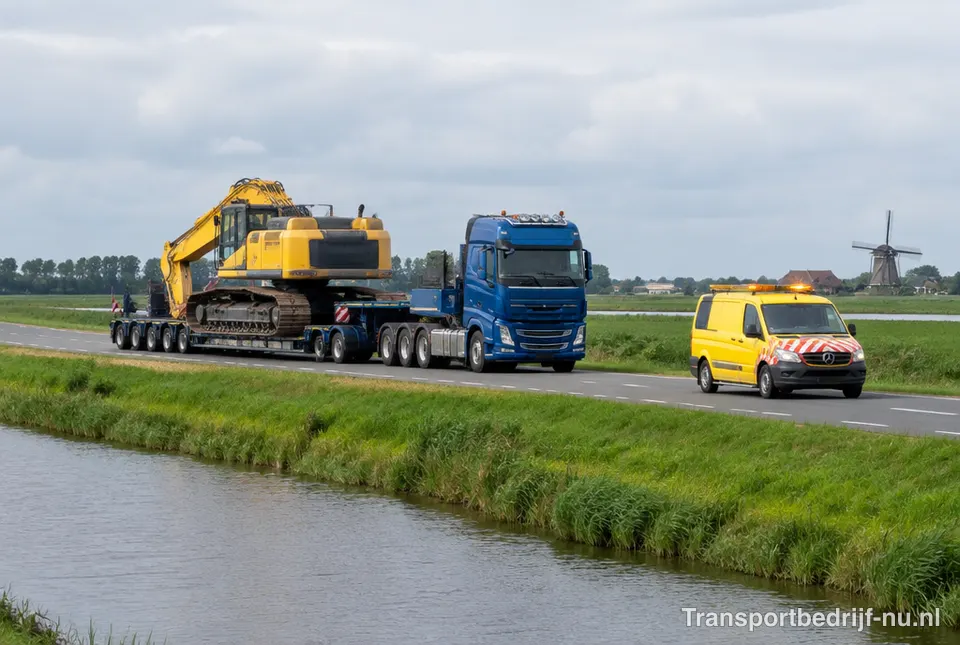 Dieplader met een graafmachine op de weg